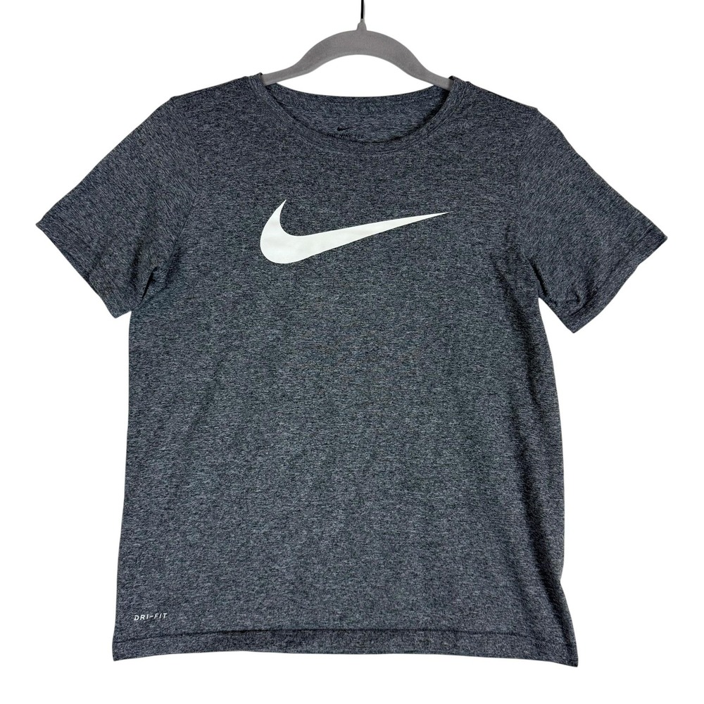 Nike Dri-FIT Shirt‎ Kids Medium Gray Crewneck Short Sleeve Swoosh Logo Athletic